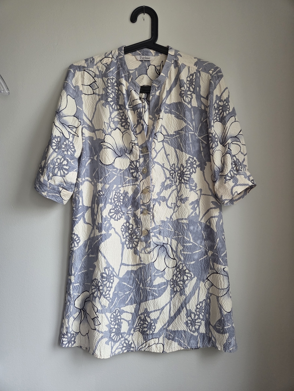SILK Cream Blue Toile Floral EUC Button Shirt Tunic Mini Dress Tucker S